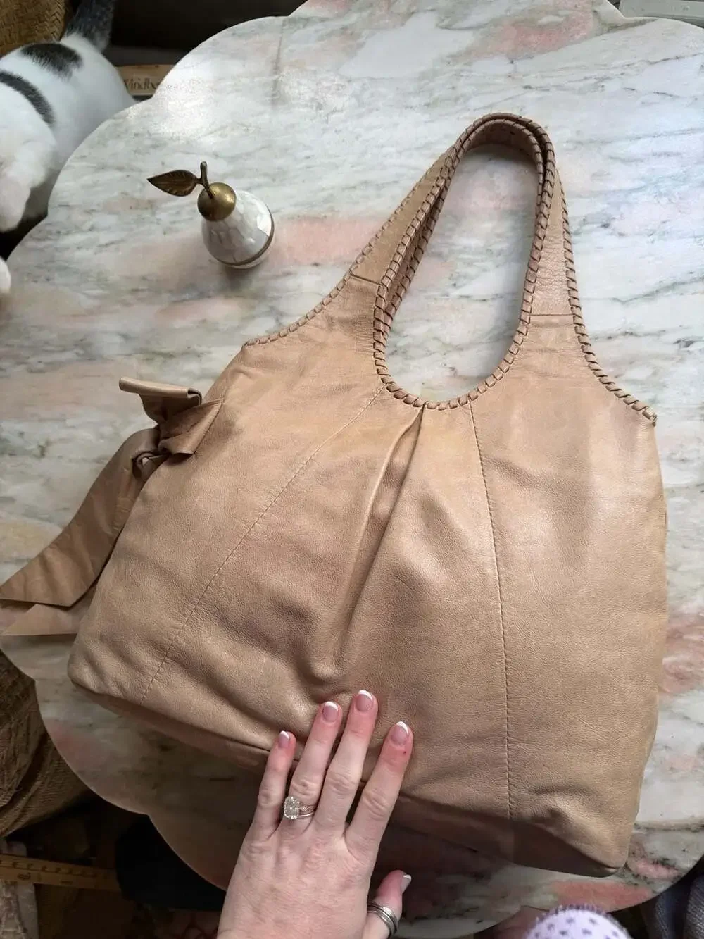 Talbots Leather Slouchy Shoulder Bag with Braided Detail and Side Bow